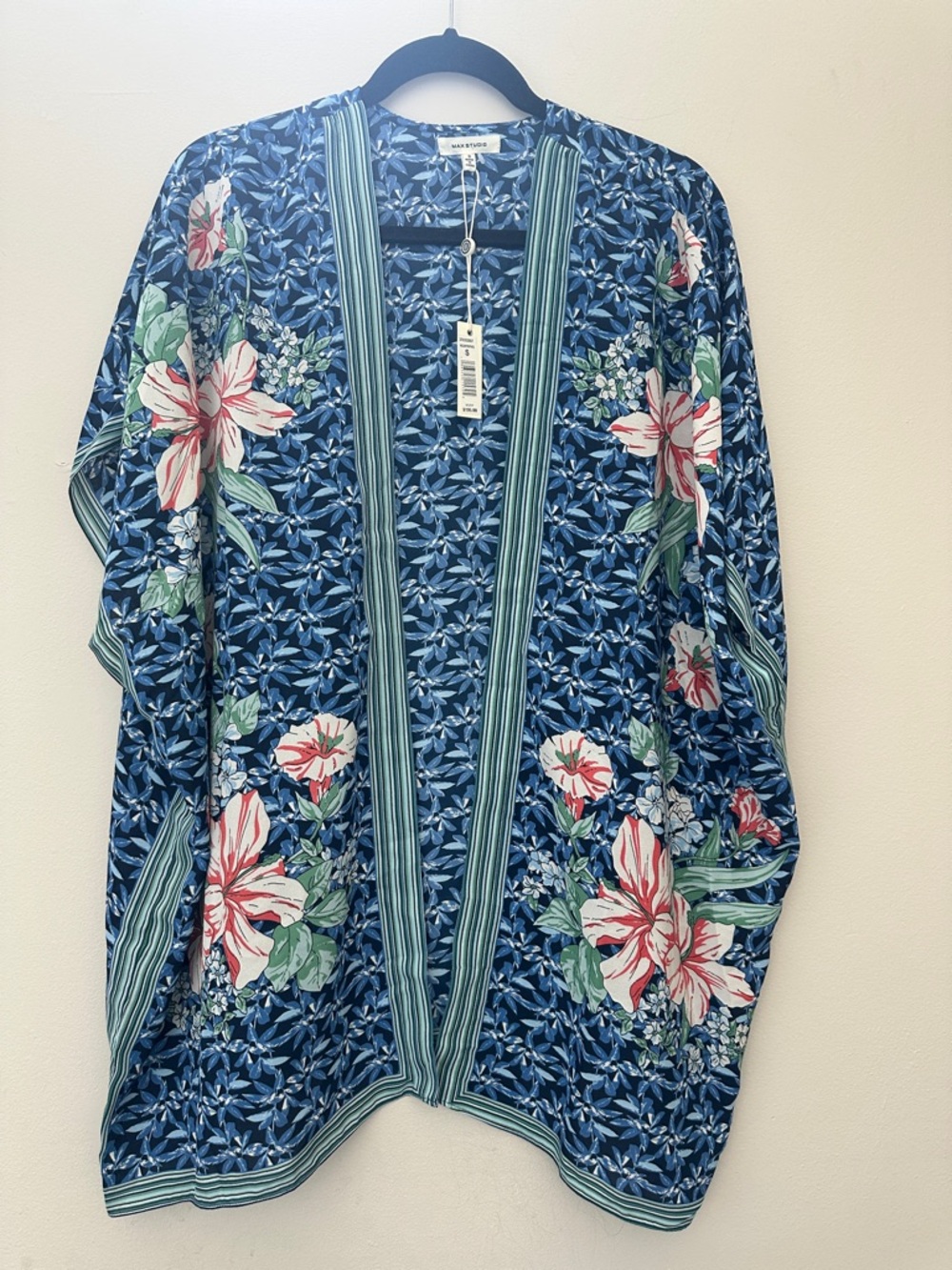 Max Studio Navy Floral Kimono with Pink Blooms and Green Trim